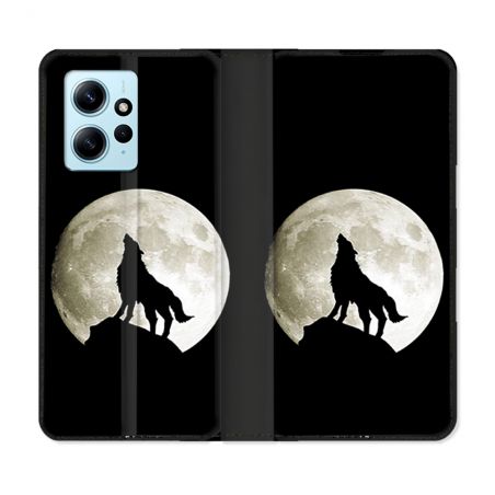 Housse Cuir Portefeuille Pour Xiaomi Redmi Note 12 4G Animal Loup Noir