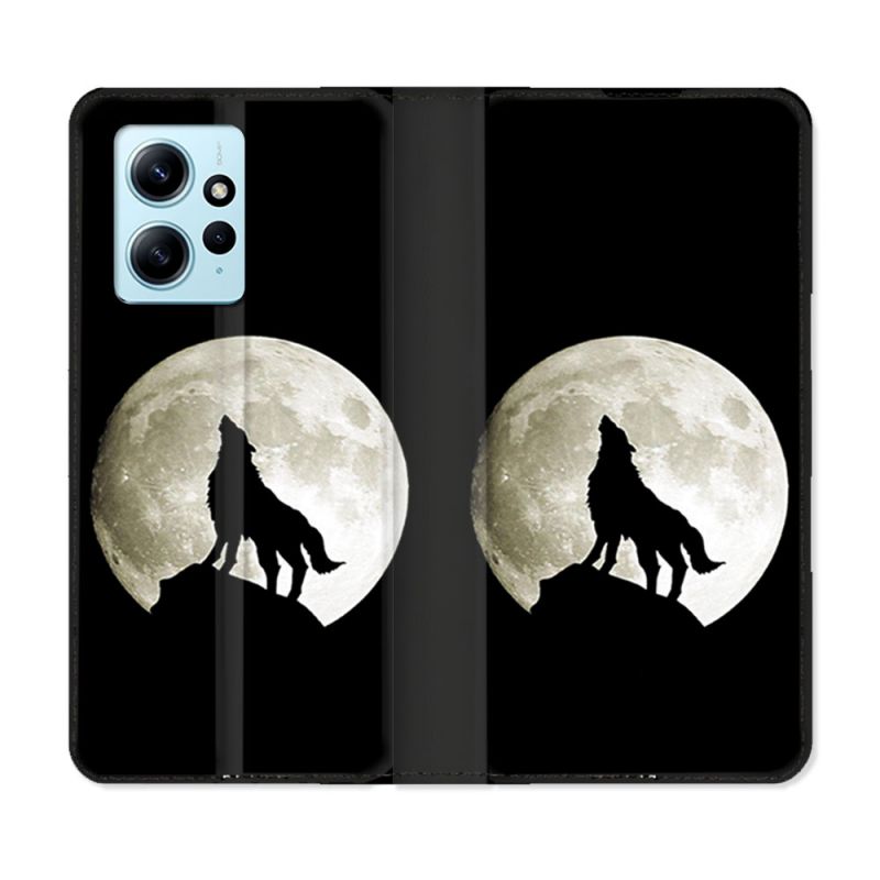 Housse Cuir Portefeuille Pour Xiaomi Redmi Note 12 4G Animal Loup Noir
