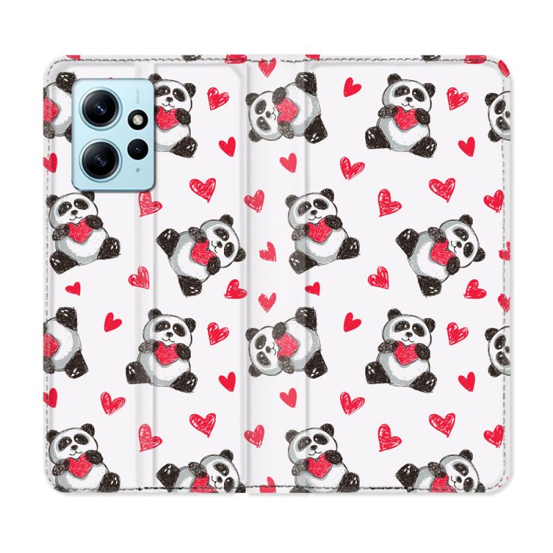 Housse Cuir Portefeuille Pour Xiaomi Redmi Note 12 4G Animal Panda Cœur