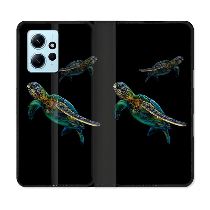 Housse Cuir Portefeuille Pour Xiaomi Redmi Note 12 4G Animal Tortue Noire multicolore