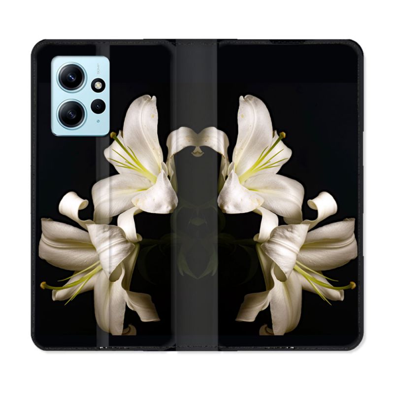 Housse Cuir Portefeuille Pour Xiaomi Redmi Note 12 4G Fleur Lys Noir