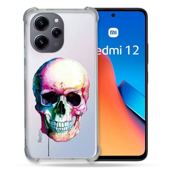 Coque Renforcée En Verre Trempé Transparente Pour Xiaomi Redmi 12 5G Skull Head Crane Colore