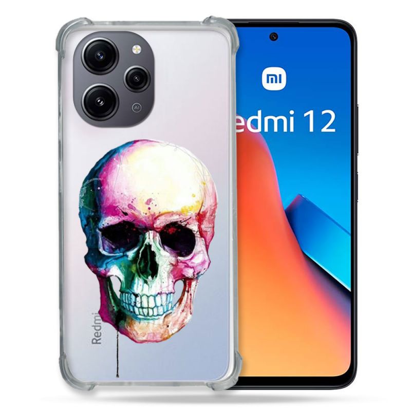 Coque Renforcée En Verre Trempé Transparente Pour Xiaomi Redmi 12 5G Skull Head Crane Colore