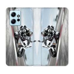 Housse Cuir Portefeuille Pour Xiaomi Redmi Note 12 4G Moto Course GP Blanche