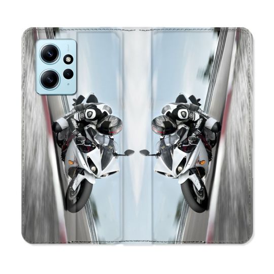 Housse Cuir Portefeuille Pour Xiaomi Redmi Note 12 4G Moto Course GP Blanche