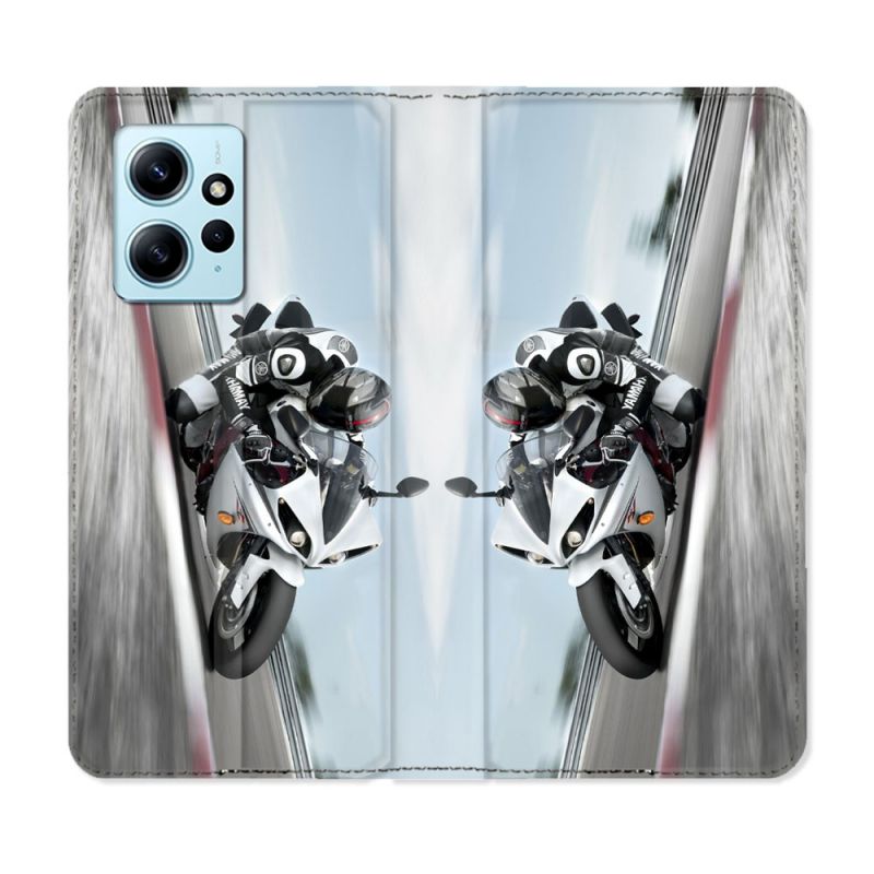 Housse Cuir Portefeuille Pour Xiaomi Redmi Note 12 4G Moto Course GP Blanche