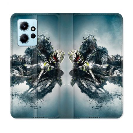 Housse Cuir Portefeuille Pour Xiaomi Redmi Note 12 4G Moto Cross Ombre