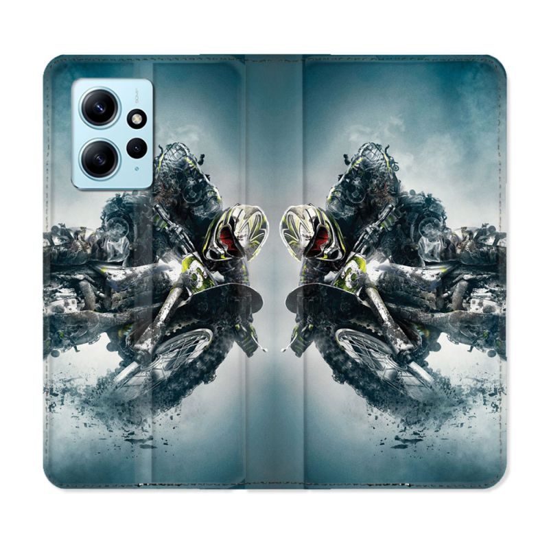 Housse Cuir Portefeuille Pour Xiaomi Redmi Note 12 4G Moto Cross Ombre