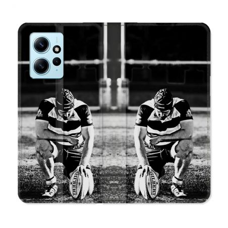 Housse Cuir Portefeuille Pour Xiaomi Redmi Note 12 4G Sport Rugby Noir Blanc
