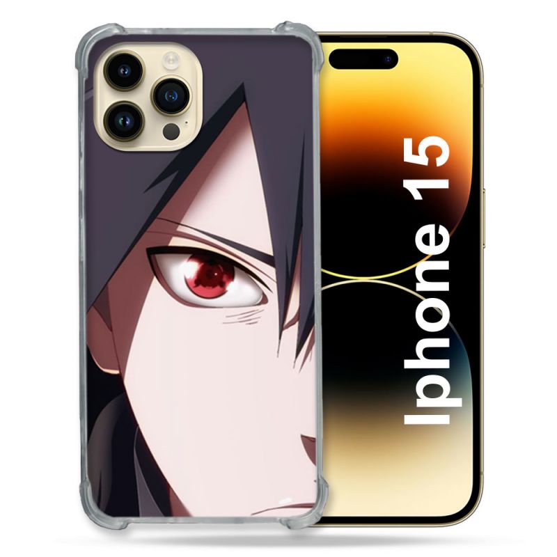 Coque Renforcée En Verre Trempé Pour Iphone 15 (6.1) Manga Naruto Sasuke visage