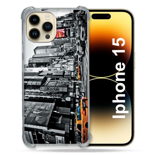 Coque Renforcée En Verre Trempé Pour Iphone 15 (6.1) Voyage Amerique USA New York Taxi