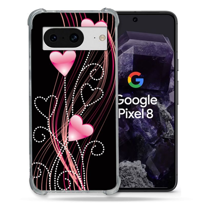 Coque Renforcée En Verre Trempé Pour Google Pixel 8 Amour Coeur Rose Montant sur Noir