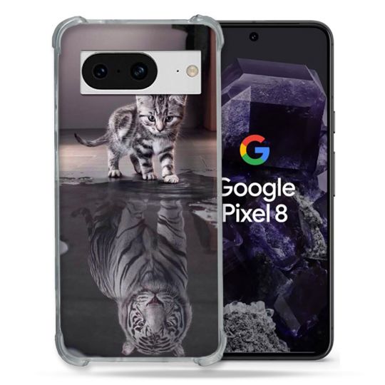 Coque Renforcée En Verre Trempé Pour Google Pixel 8 Animal Chat Reflet