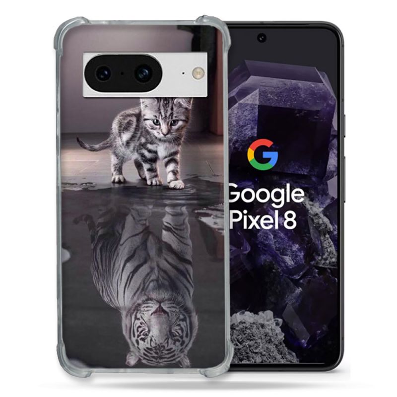 Coque Renforcée En Verre Trempé Pour Google Pixel 8 Animal Chat Reflet