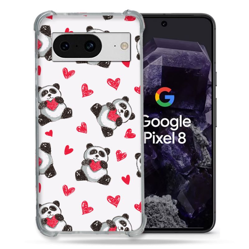 Coque Renforcée En Verre Trempé Pour Google Pixel 8 Animal Panda Cœur