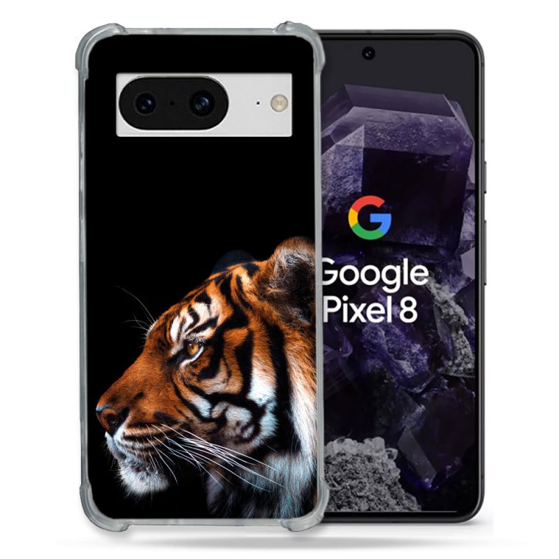 Coque Renforcée En Verre Trempé Pour Google Pixel 8 Animal Tigre Noir