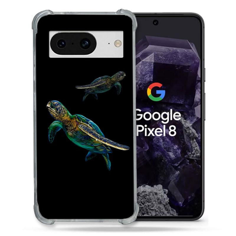 Coque Renforcée En Verre Trempé Pour Google Pixel 8 Animal Tortue Noire multicolore