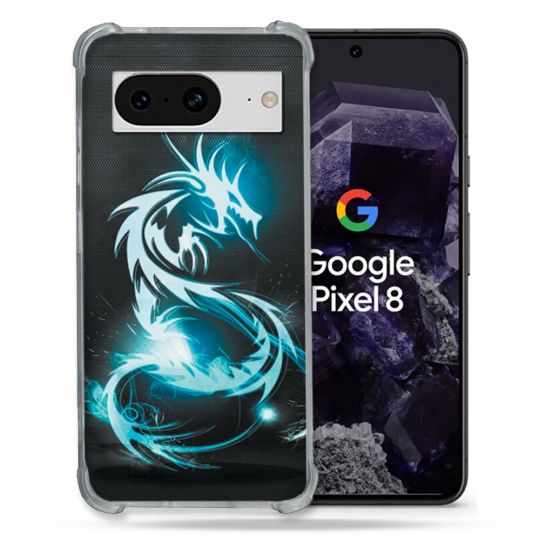 Coque Renforcée En Verre Trempé Pour Google Pixel 8 Fantastique Dragon Bleu