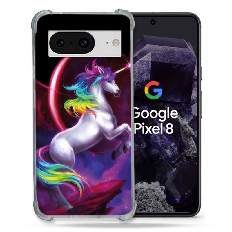 Coque Renforcée En Verre Trempé Pour Google Pixel 8 Fantastique Licorne Arc en ciel