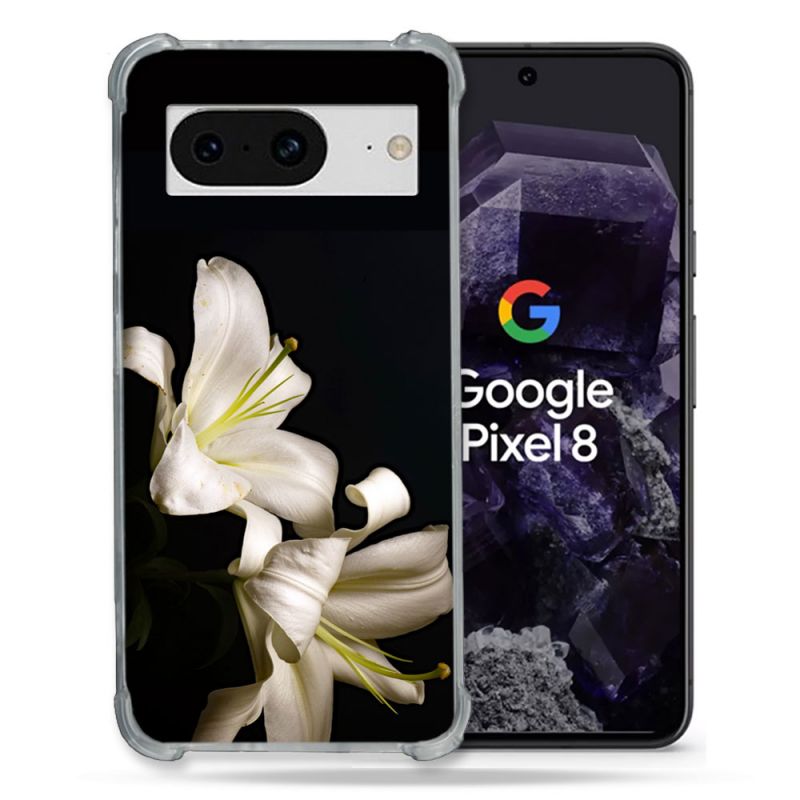 Coque Renforcée En Verre Trempé Pour Google Pixel 8 Fleur Lys Noir