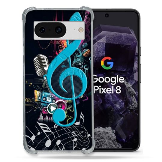 Coque Renforcée En Verre Trempé Pour Google Pixel 8 Musique Cle Sol Bleu