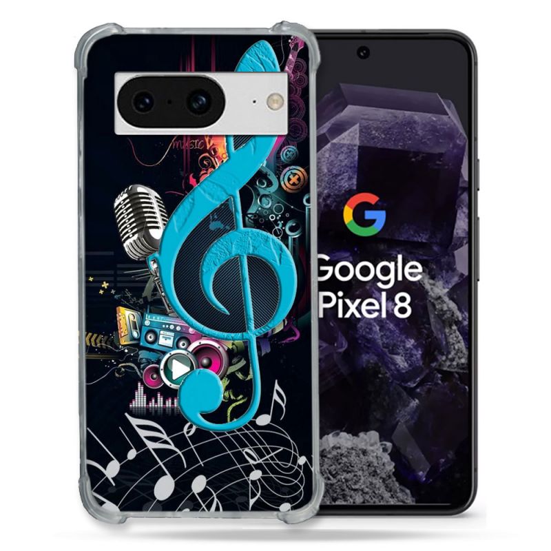 Coque Renforcée En Verre Trempé Pour Google Pixel 8 Musique Cle Sol Bleu