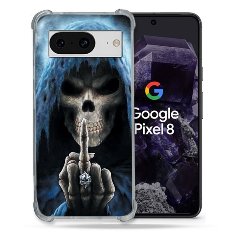 Coque Renforcée En Verre Trempé Pour Google Pixel 8 Tete de Mort Doigt