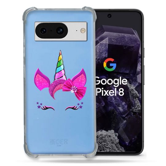 Coque Transparente Renforcée En Verre Trempé Pour Google Pixel 8 Licorne Paillette