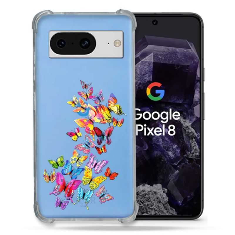 Coque Transparente Renforcée En Verre Trempé Pour Google Pixel 8 Papillon Multicolore