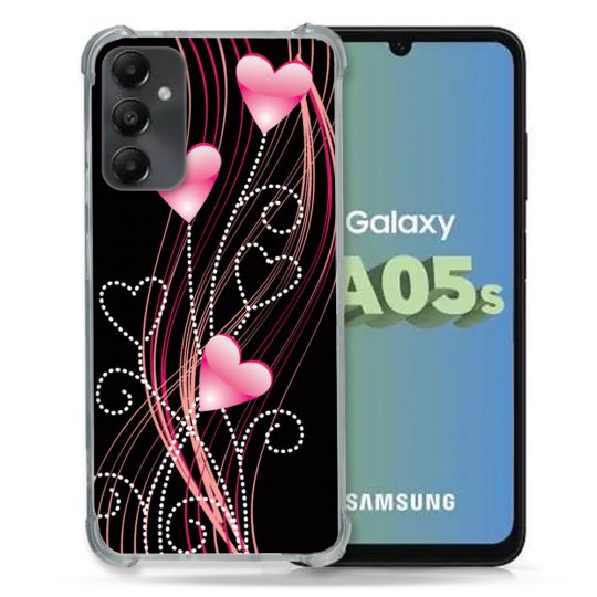 Coque Renforcée En Verre Trempé PourSamsung Galaxy A05S Amour Coeur Rose Montant sur Noir