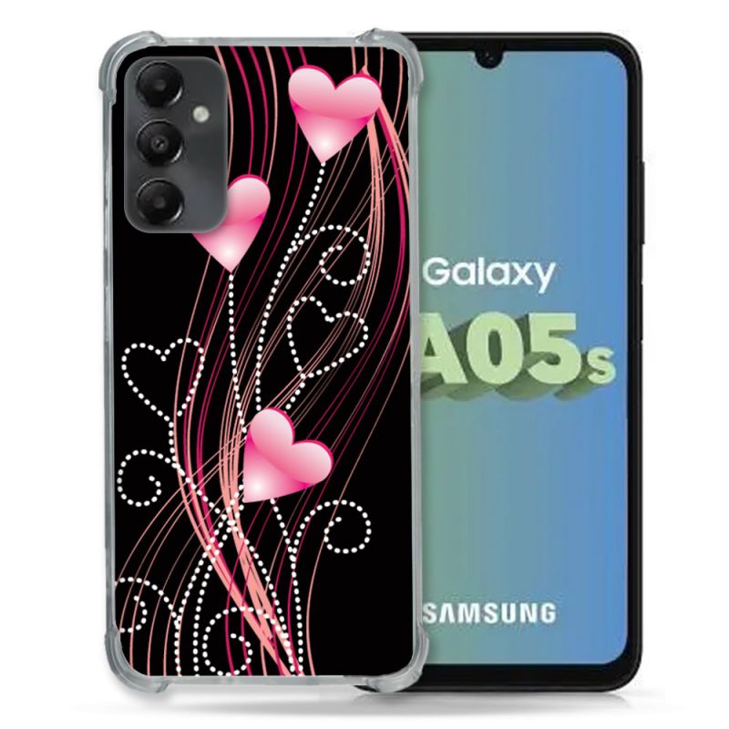 Coque Renforcée En Verre Trempé PourSamsung Galaxy A05S Amour Coeur Rose Montant sur Noir