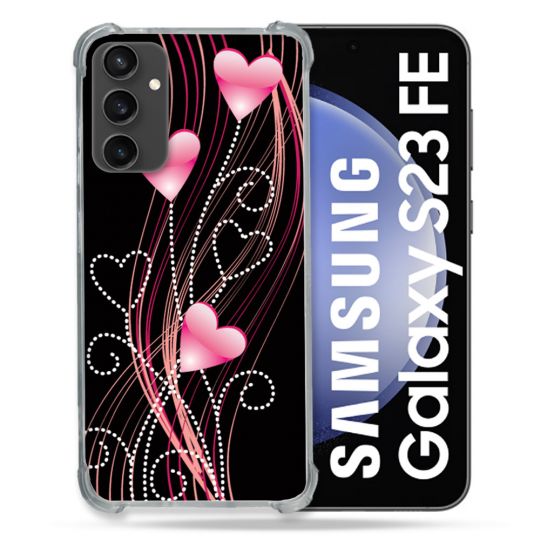 Coque Renforcée En Verre Trempé PourSamsung Galaxy S23 FE Amour Coeur Rose Montant sur Noir