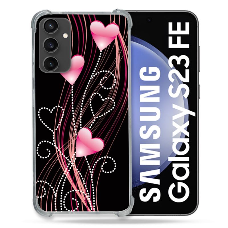 Coque Renforcée En Verre Trempé PourSamsung Galaxy S23 FE Amour Coeur Rose Montant sur Noir