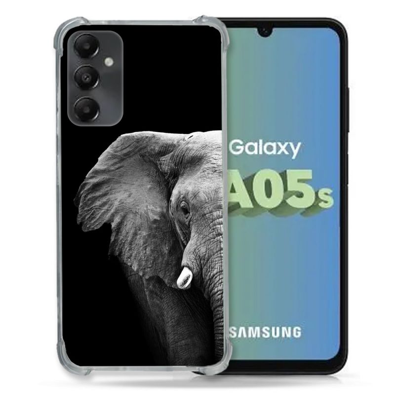 Coque Renforcée En Verre Trempé PourSamsung Galaxy A05S Animal Elephant Noir