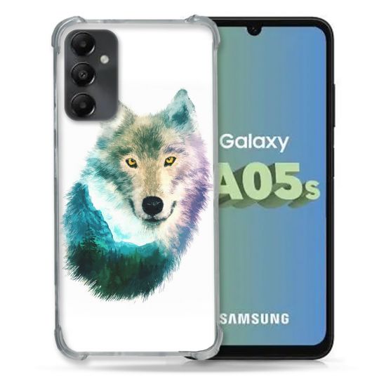 Coque Renforcée En Verre Trempé PourSamsung Galaxy A05S Animal Loup Montagne