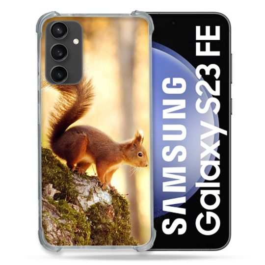 Coque Renforcée En Verre Trempé PourSamsung Galaxy S23 FE Animal Ecureuil Bois