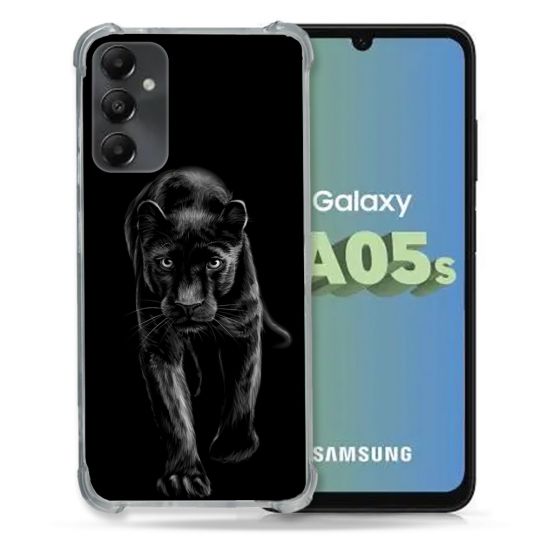 Coque Renforcée En Verre Trempé PourSamsung Galaxy A05S Animal Panthère Noire
