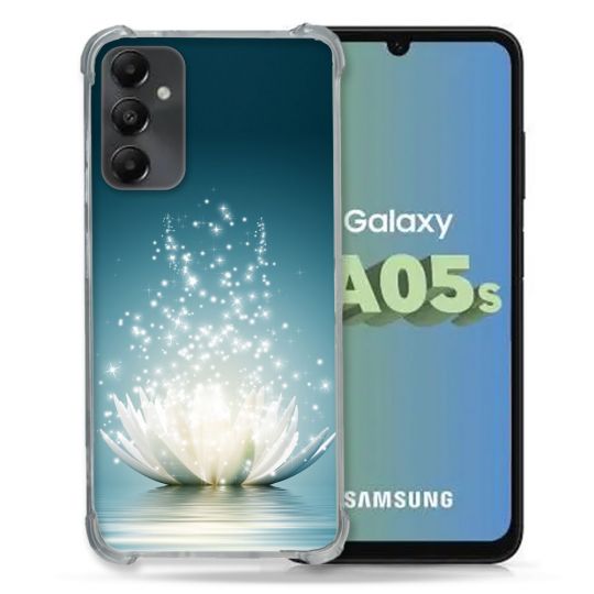 Coque Renforcée En Verre Trempé PourSamsung Galaxy A05S Fleur Lotus Blanc