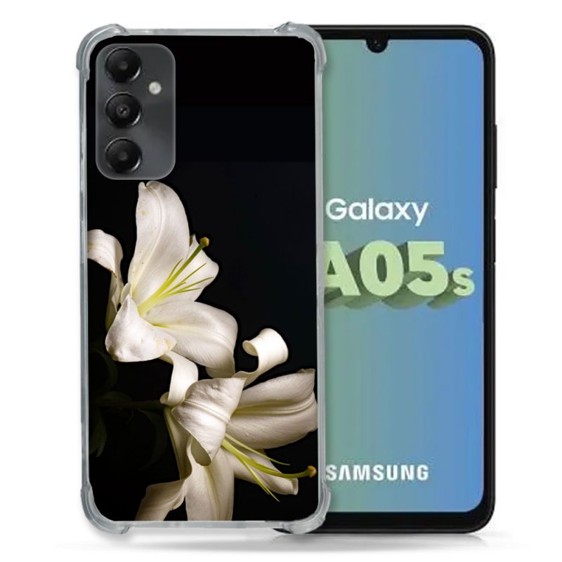 Coque Renforcée En Verre Trempé PourSamsung Galaxy A05S Fleur Lys Noir