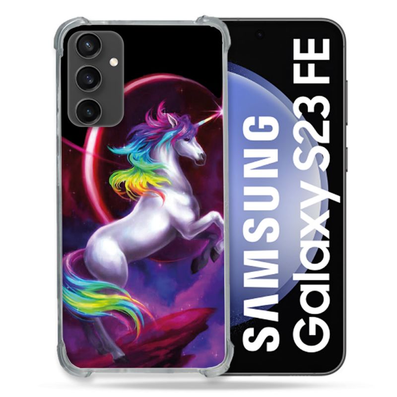 Coque Renforcée En Verre Trempé PourSamsung Galaxy S23 FE Fantastique Licorne Arc en ciel