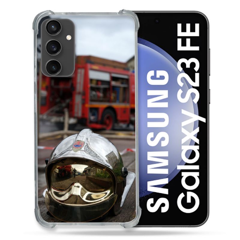 Coque Renforcée En Verre Trempé PourSamsung Galaxy S23 FE Pompier Casque Camion
