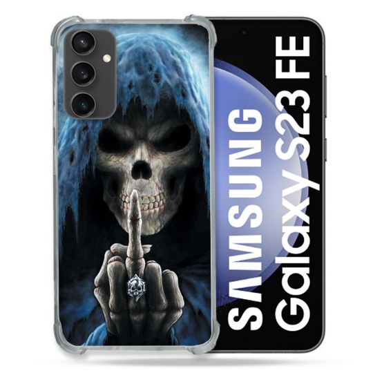 Coque Renforcée En Verre Trempé PourSamsung Galaxy S23 FE Tete de Mort Doigt