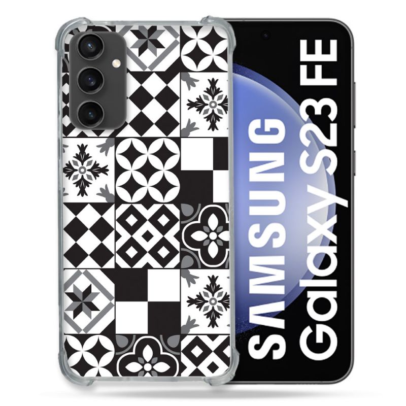 Coque Renforcée En Verre Trempé PourSamsung Galaxy S23 FE Texture Carreau Ciment Noir