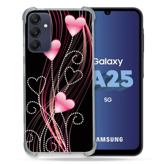 Coque Renforcée En Verre Trempé PourSamsung Galaxy A25 5G Amour Coeur Rose Montant sur Noir