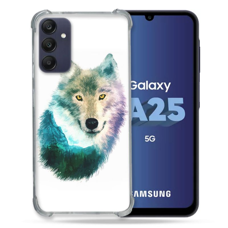 Coque Renforcée En Verre Trempé PourSamsung Galaxy A25 5G Animal Loup Montagne