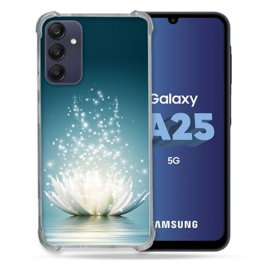 Coque Renforcée En Verre Trempé PourSamsung Galaxy A25 5G Fleur Lotus Blanc