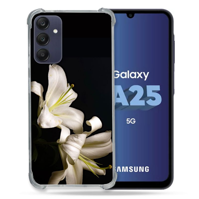 Coque Renforcée En Verre Trempé PourSamsung Galaxy A25 5G Fleur Lys Noir