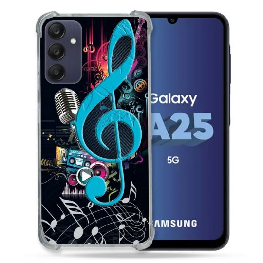 Coque Renforcée En Verre Trempé PourSamsung Galaxy A25 5G Musique Cle Sol Bleu