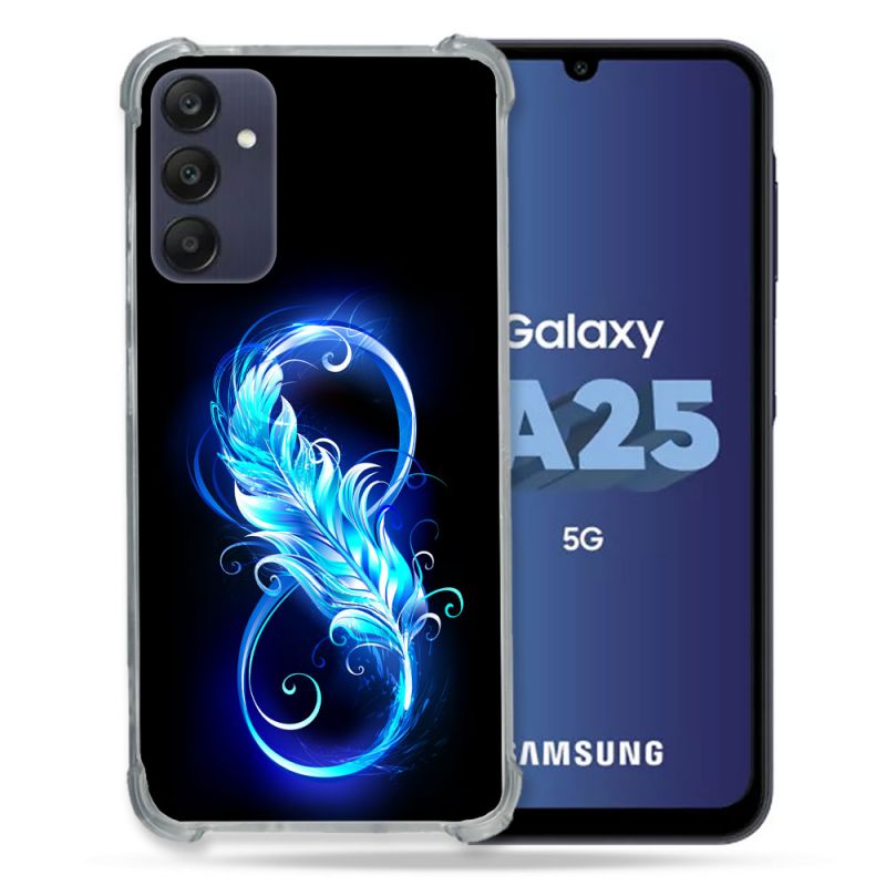Coque Renforcée En Verre Trempé PourSamsung Galaxy A25 5G Texture Plume Infini Bleu