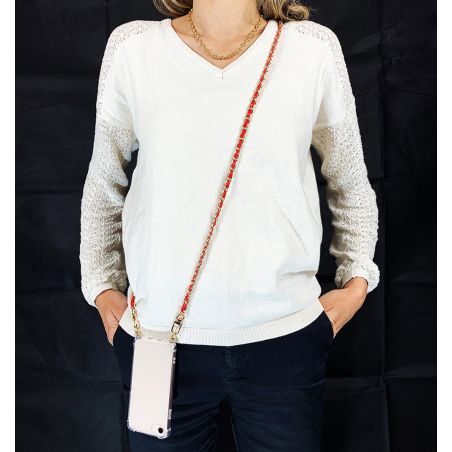 Coque Renforcée En Verre Trempé Transparent PourSamsung Galaxy A25 5G Lanière / Cordon Chaine suspendue Rouge